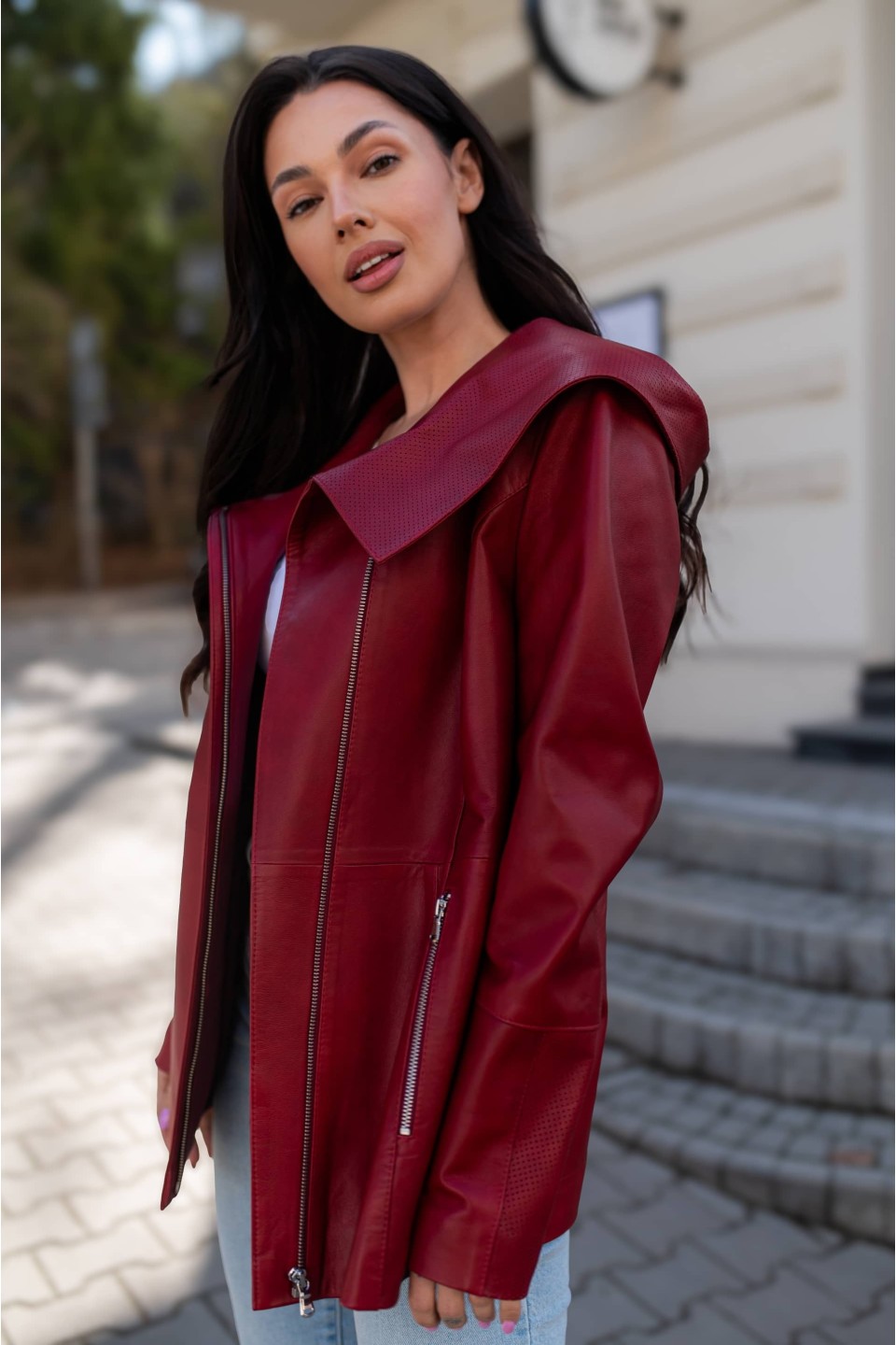 Skórzana Kurtka Damska Laura Raspberry | Monica Collection