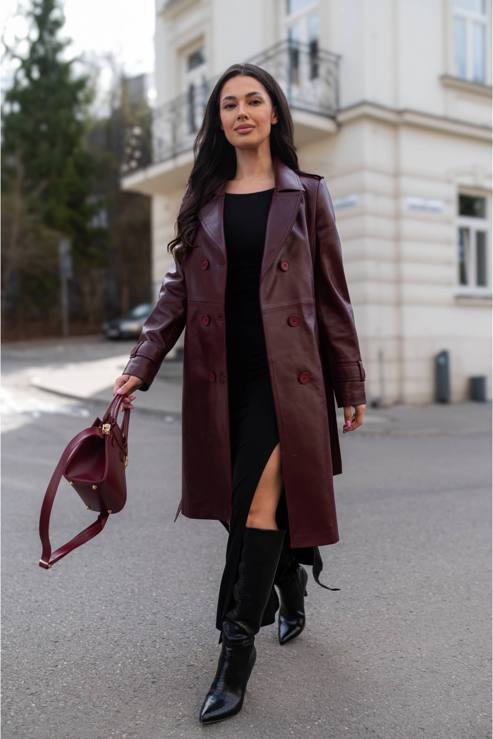 Skórzany płaszcz damski Hanna Cherry | Monica Collection