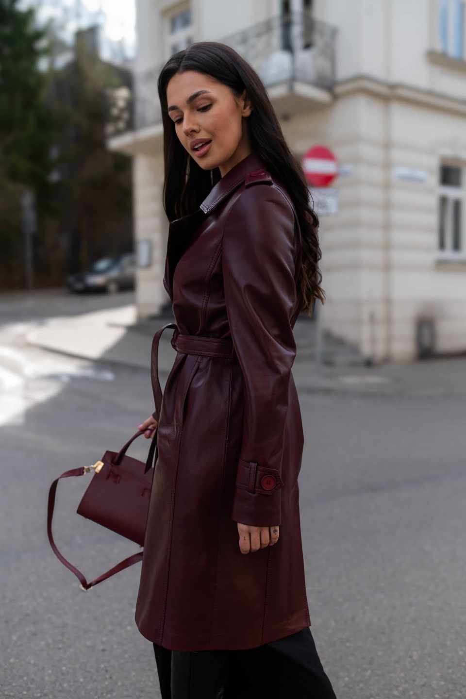 Skórzany płaszcz damski Hanna Cherry | Monica Collection
