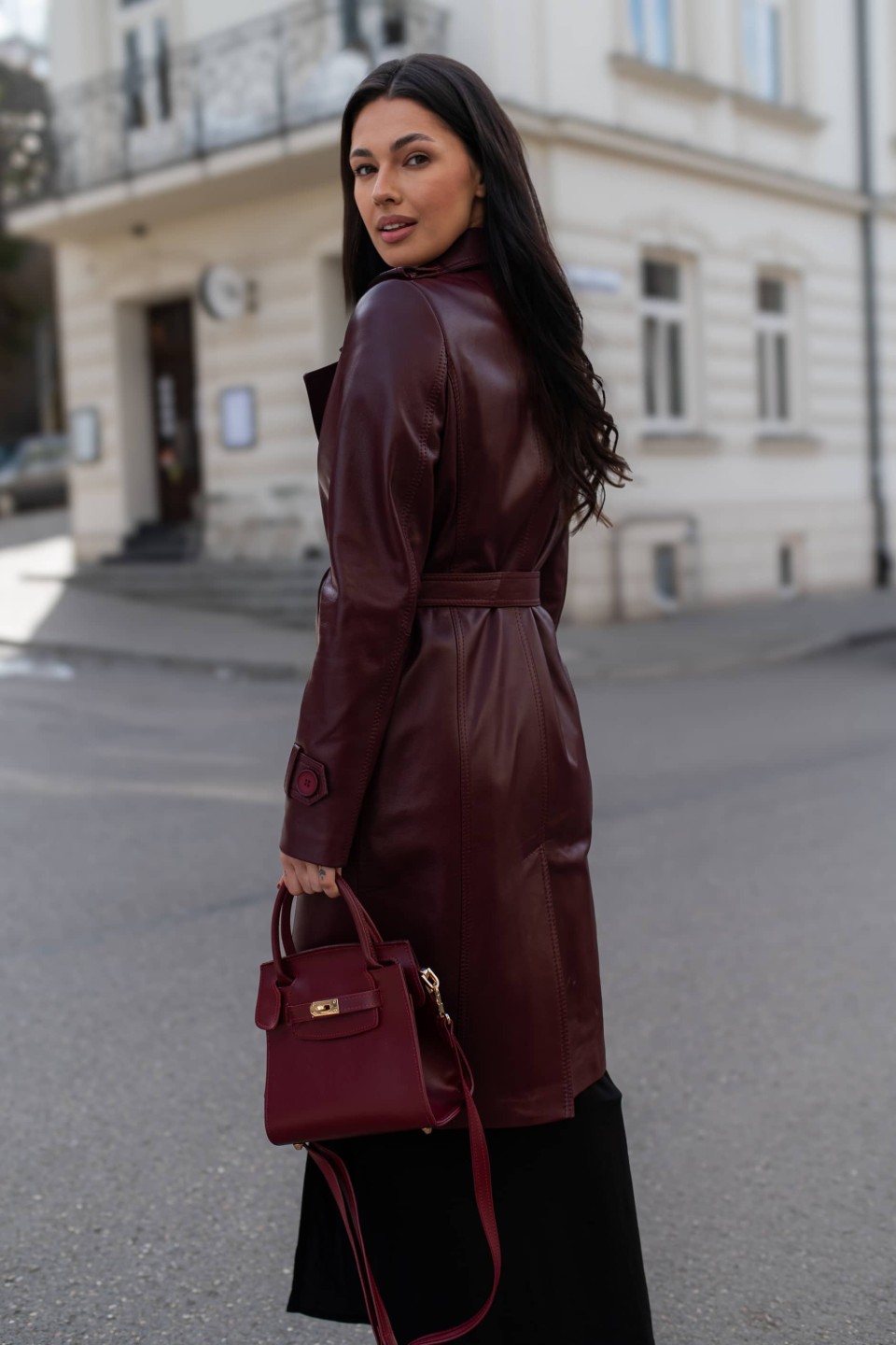 Skórzany płaszcz damski Hanna Cherry | Monica Collection