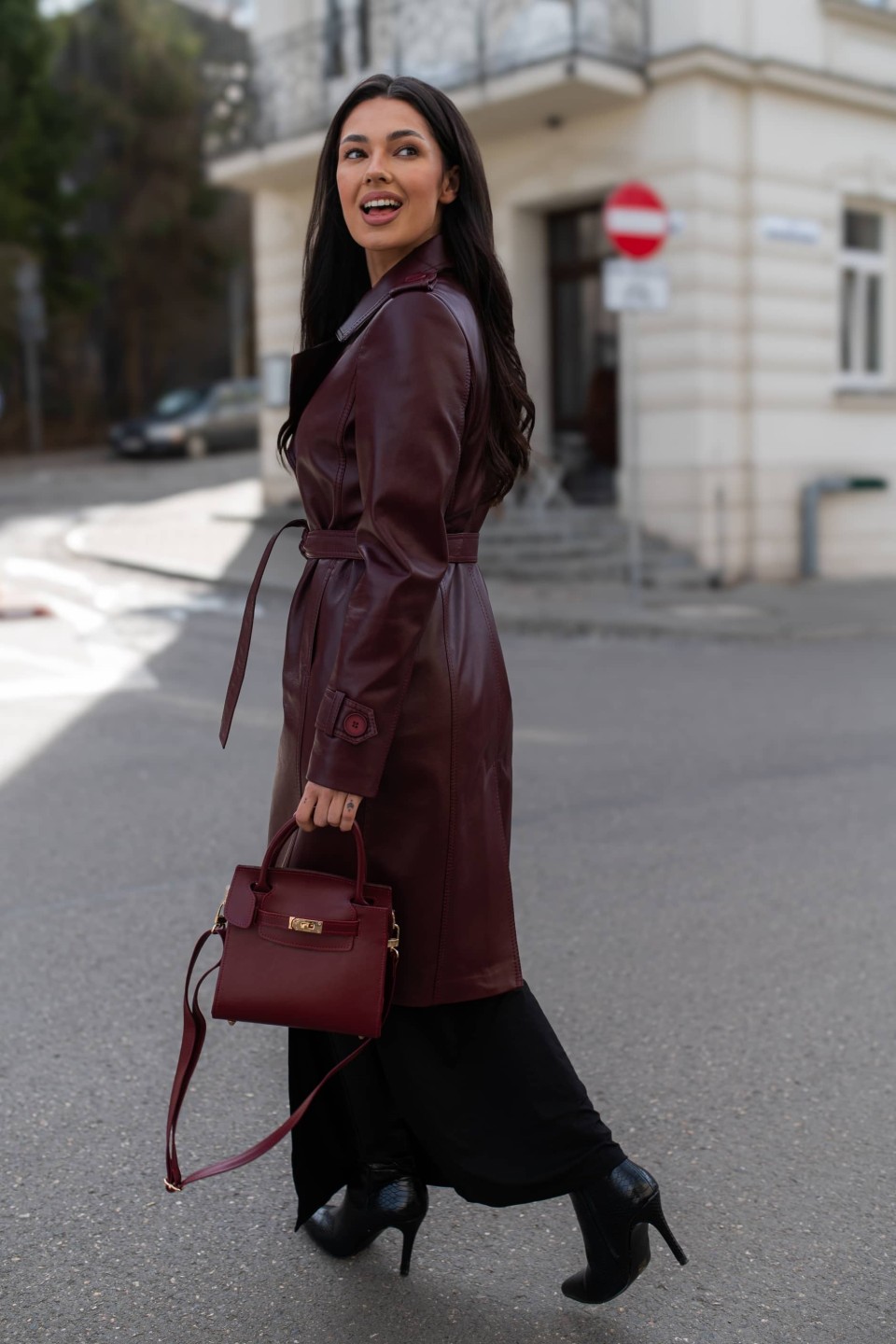 Skórzany płaszcz damski Hanna Cherry | Monica Collection